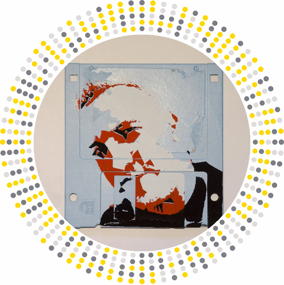 Silkscren of Michi on a 3.5" floppy disk. Contemporary artwork