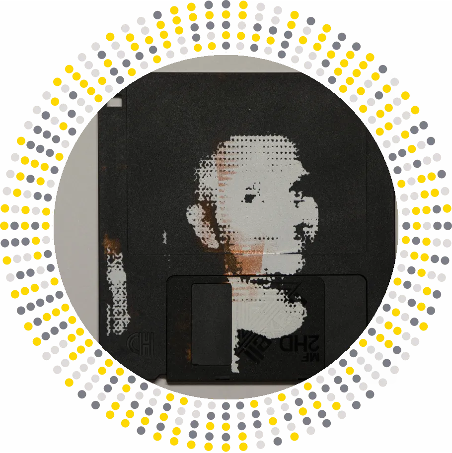 silk screened halftone portrait on 3.5" floppy disk 