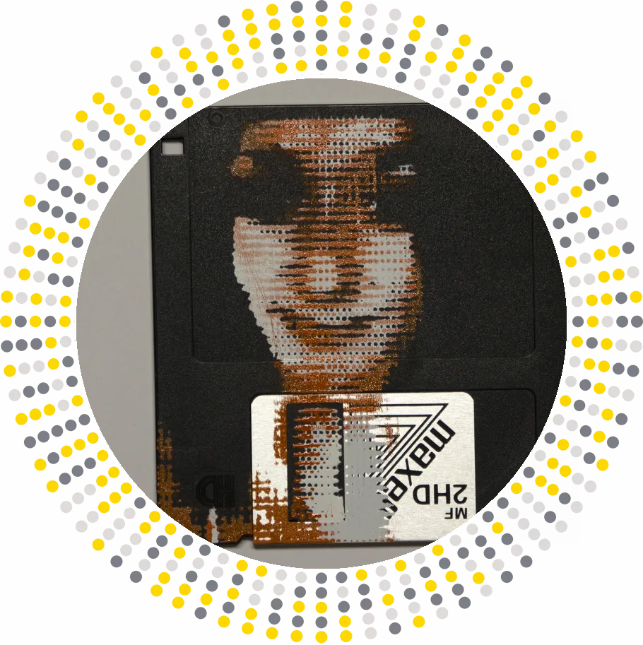 silk screened halftone portrait on 3.5" floppy disk 