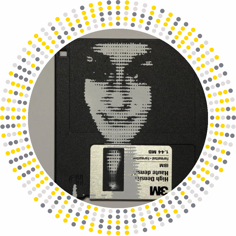 silk screened halftone portrait on 3.5" floppy disk 