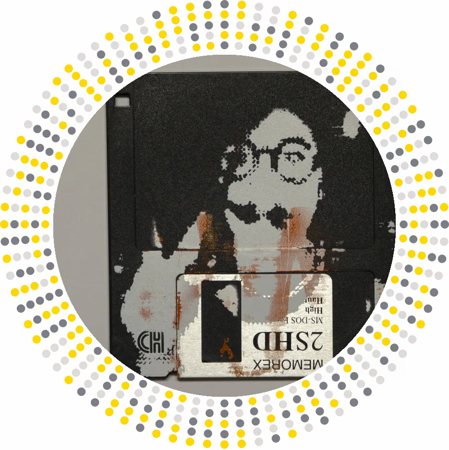 silk screened halftone portrait on 3.5" floppy disk 