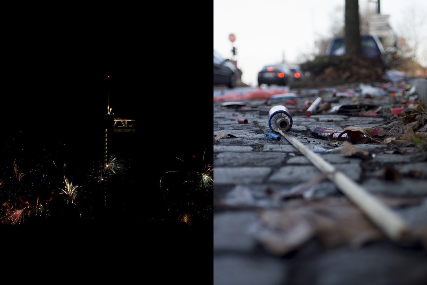 Before and after, the waste of fireworks Before and after, the waste of fireworks