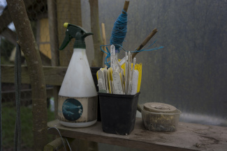 Some tools at the greenhouse at the permaculture The Hollies in Ireland