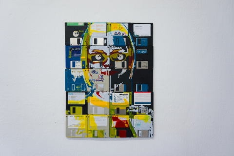 Floppy Disk with motive silk screened on it.
