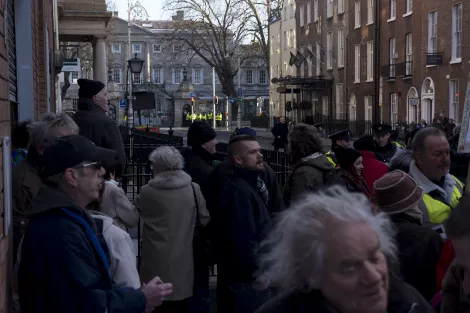 Protester in front of the Dáil Éireann in Dublin, Ireland