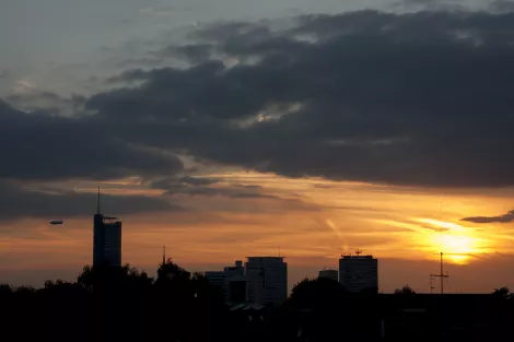 Sundown in Essen showing RWE Tower, Evonic and a blimps Sundown in Essen showing RWE Tower, Evonic and a blimps