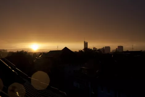Sundown in Essen showing RWE Tower, Evonic in November, winter Sundown in Essen showing RWE Tower, Evonic in November, winter