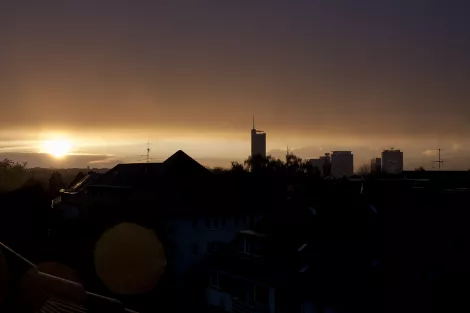 Sundown in Essen showing RWE Tower, Evonic Sundown in Essen showing RWE Tower, Evonic