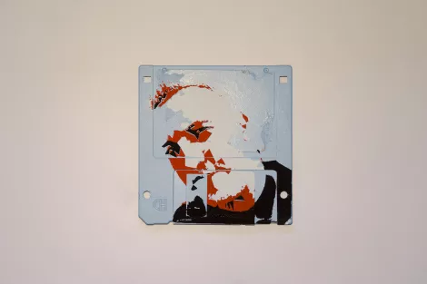 Silkscren of Michi on a 3.5" floppy disk. Contemporary artwork Silkscren of Michi on a 3.5" floppy disk. Contemporary artwork