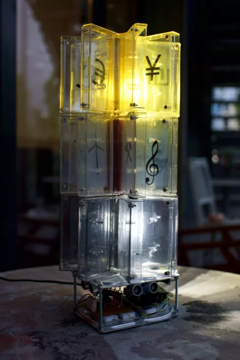 old mc cases made a lamp - interactive sculpture made of abandoned materials old mc cases made a lamp - interactive sculpture made of abandoned materials