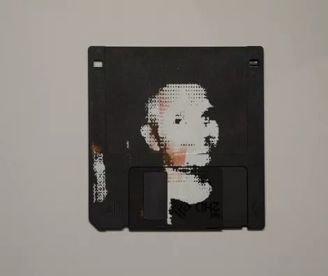 silk screened halftone portrait on 3.5" floppy disk 