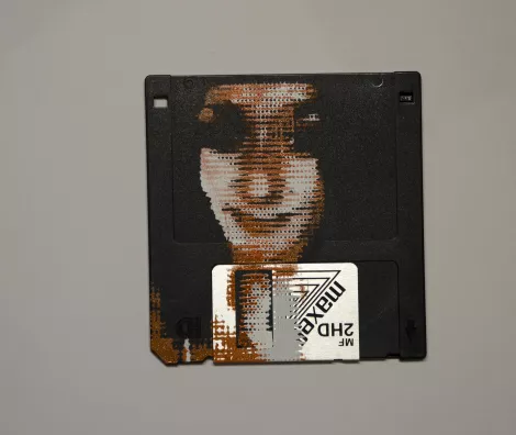 silk screened halftone portrait on 3.5" floppy disk 