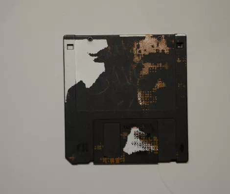 silk screened halftone portrait on 3.5" floppy disk 