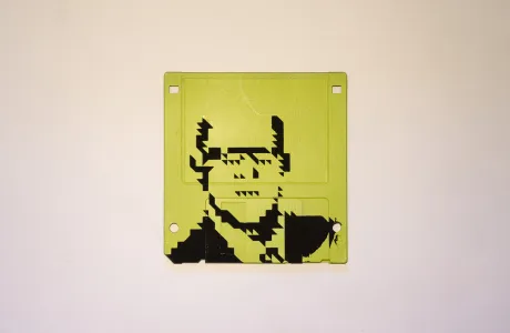 Silkscren of Klaus on a 3.5" floppy disk. Contemporary artwork- light green version