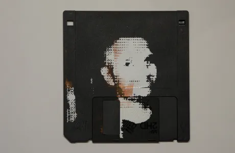 silk screened halftone portrait on 3.5" floppy disk 