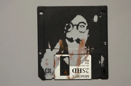 silk screened halftone portrait on 3.5" floppy disk 